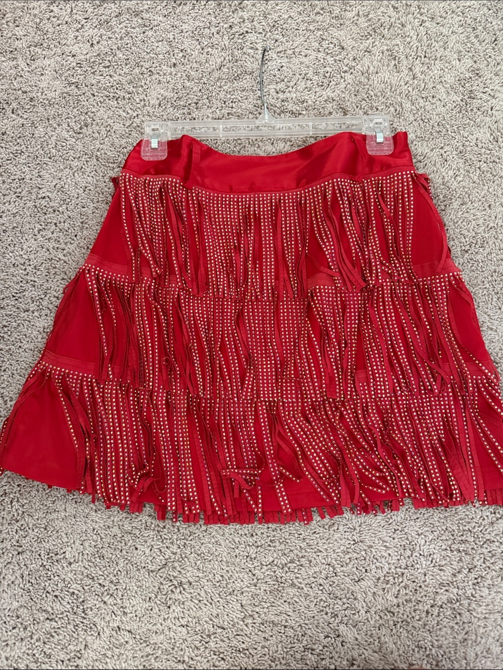 Red Fringe Mini Skirt with Rhinestone Trim